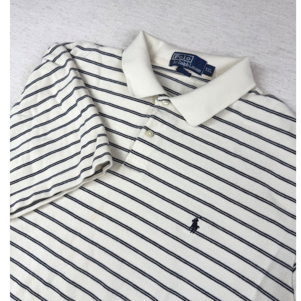 Polo Ralph Lauren Mens XXL Cream Navy Blue Striped Short Sleeve Polo Shirt